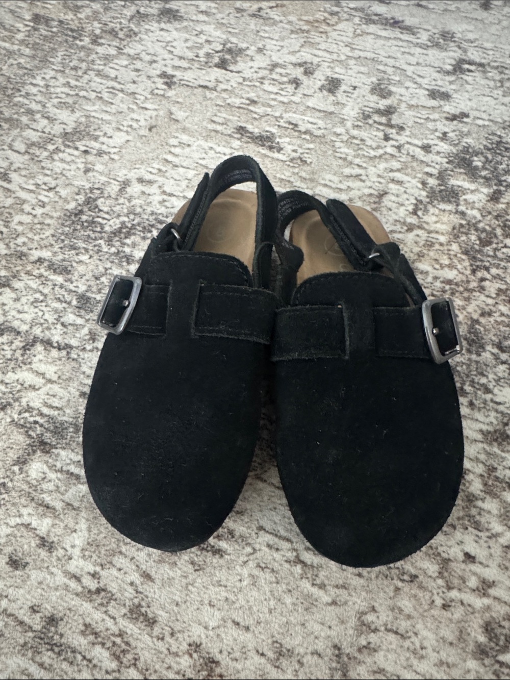 Kids Black Suede Buckle Clogs